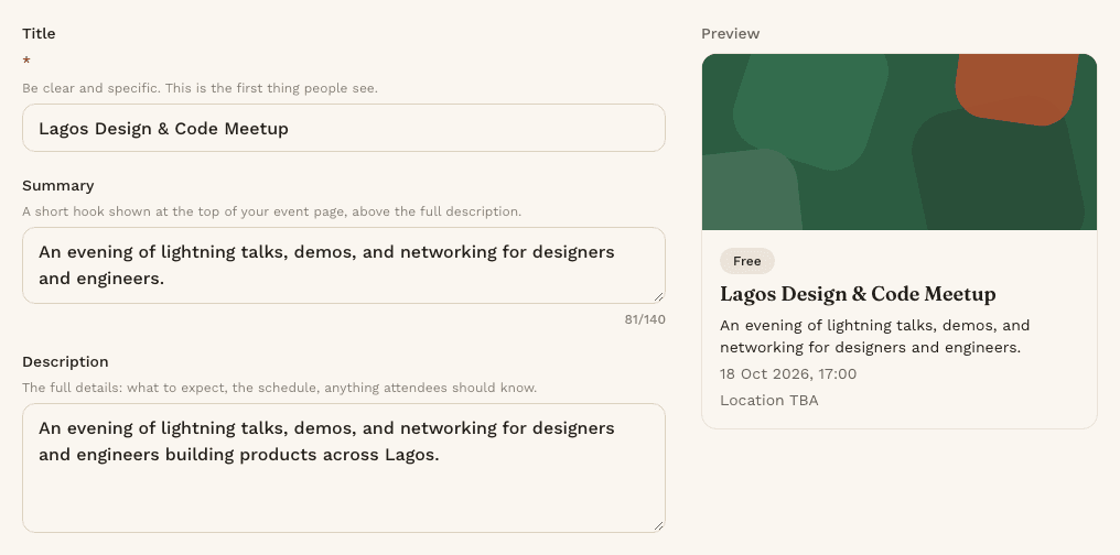 Create your event screen in Reeve